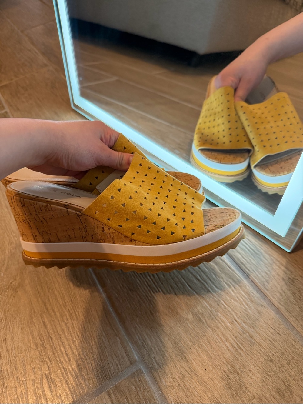 Pelle Moda Mustard Yellow Perforated Wedge Slide